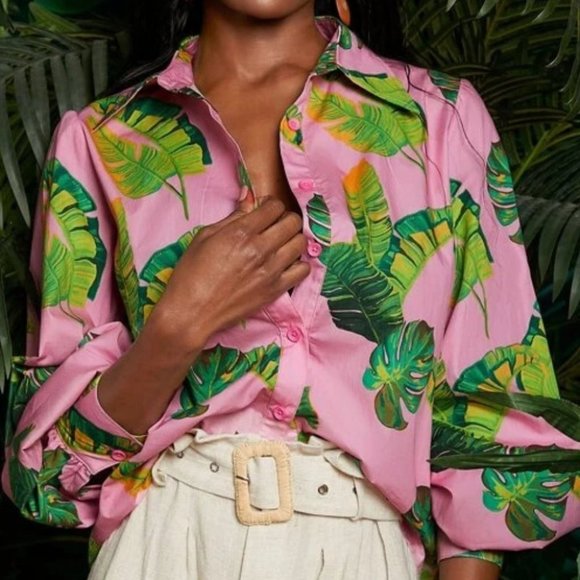 Tropical Print Lantern Button Down Sleeve Blouse Top - Picture 2 of 5